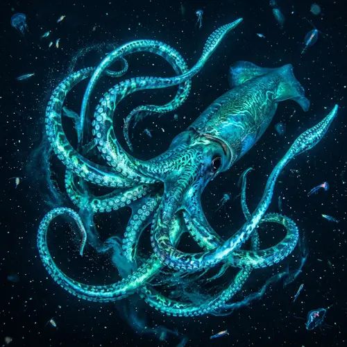 Enormous Squid in Vibrant Underwater Scene
