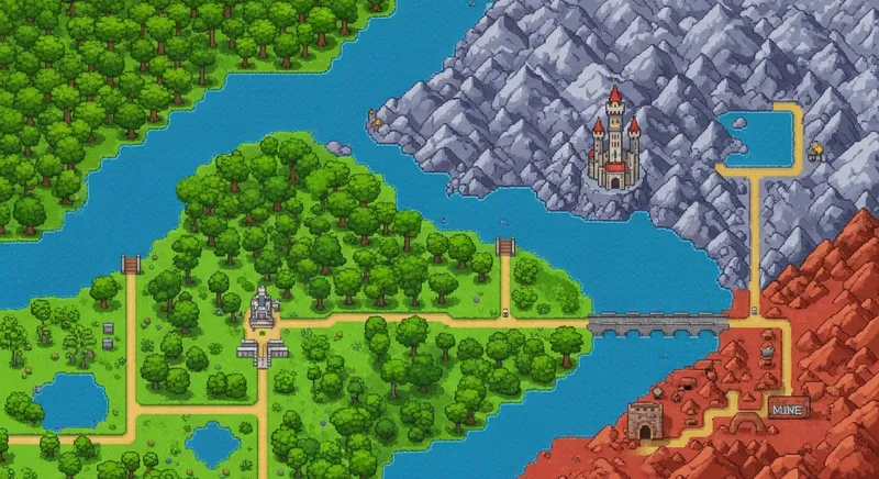 64 Bit Pixelated Level Selector Map: Plain, Forest, Mountains, Castle, Mine 64 Bit Pixelated Level Selector Map: Plain, Forest, Mountains, Castle, Mine