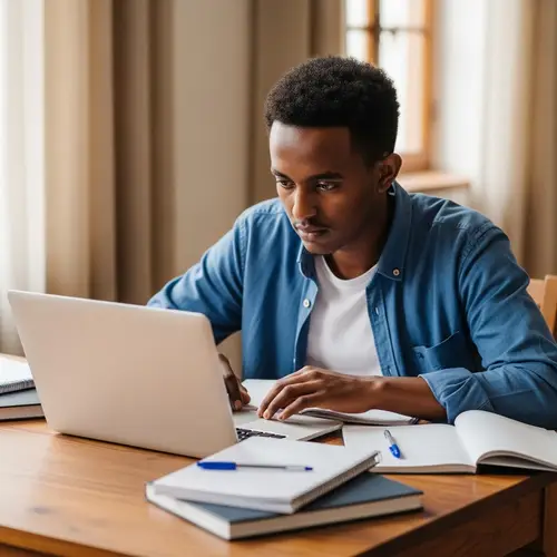 Young Ethiopian Male Student Studying Intensely at Wooden Desk