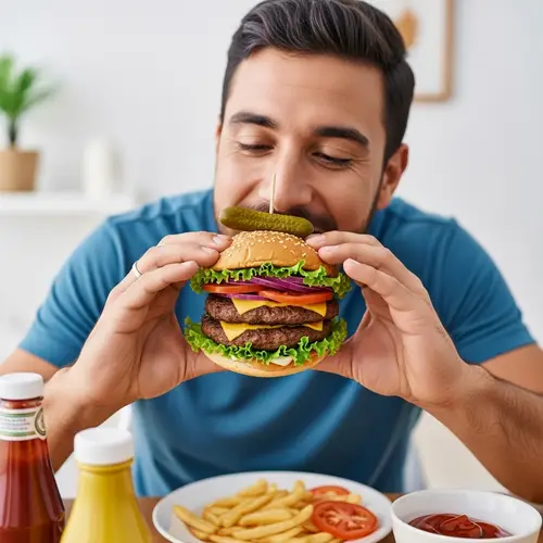 Hispanic Man Enjoying Triple Meat Burger | Man at Table