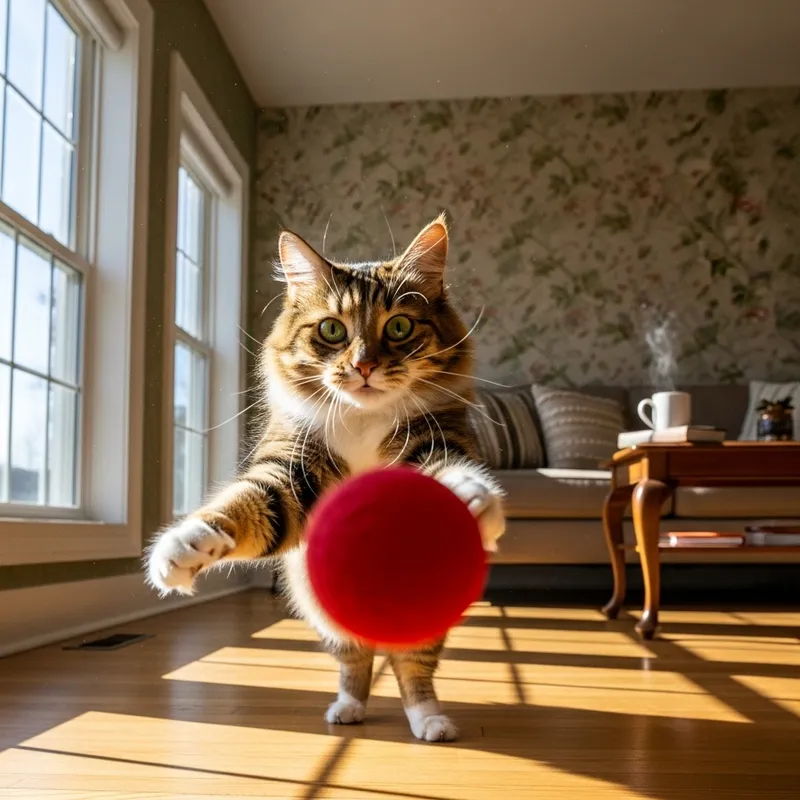 Playful Cat Chasing Toy Ball in Cozy Living Room