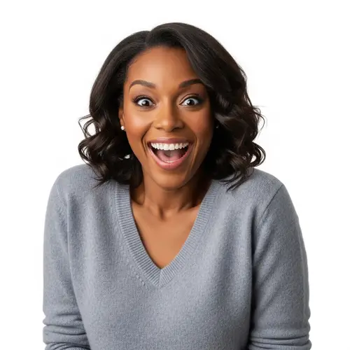 Surprised African American Woman in Cozy V-Neck Cashmere Sweater