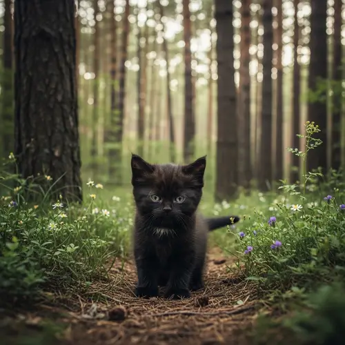 Cute Black Kitten in Enchanting Forest | Adorable Image