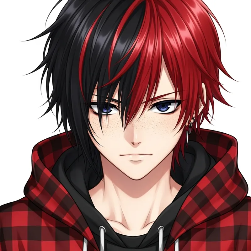 Anime-Style Male Character with Red and Black Hair: Visual Description