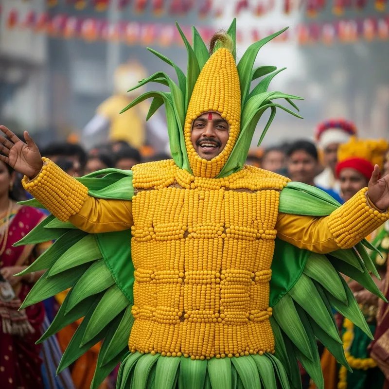 Festive South Asian Man in Detailed Corn Costume