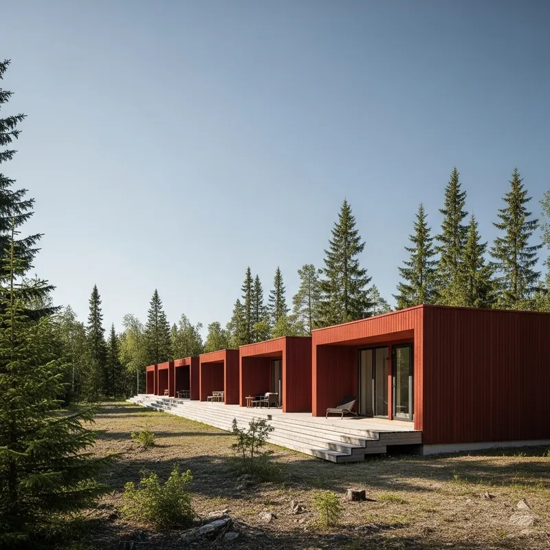Modern Red Cedar Hotel Residence with Graded Gable, Pine Trees, and 30 Units
