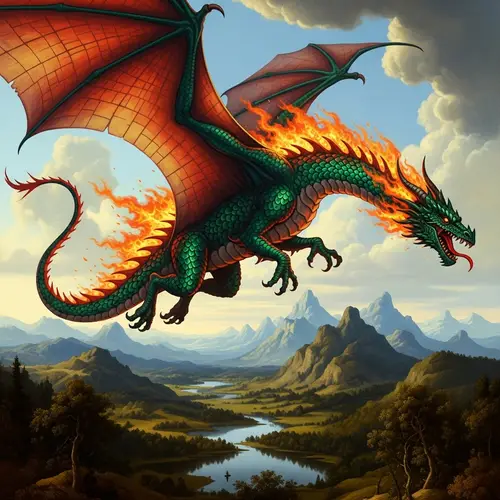 Majestic Dragon in Dutch Golden Age Style: Flight and Fire