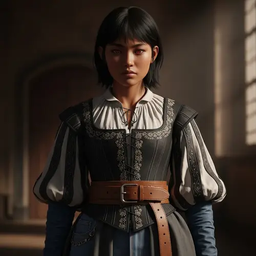 East Asian Girl in 17th Century Attire with Red Eyes