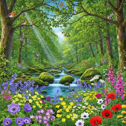 Tranquil Forest Scene with Azure Creek and Lively Birds