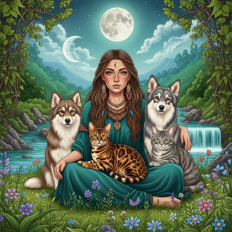 Mystical Scene: Bengal Cat, Shaman Woman, and Nature Harmony