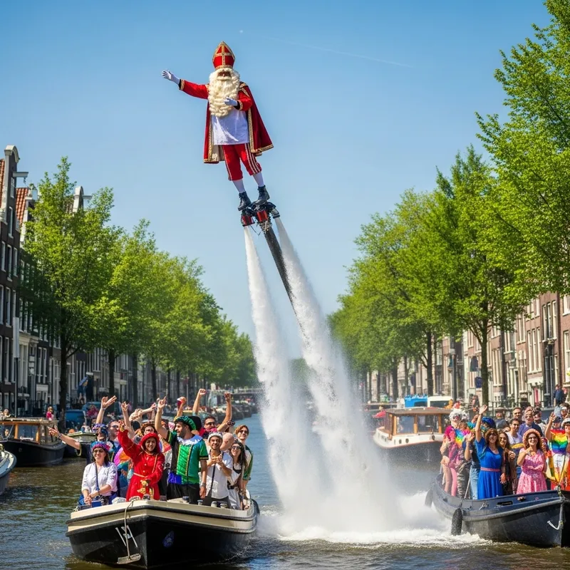 Sinterklaas Soaring with Jet-pack at Amsterdam Canal Pride Sinterklaas Soaring with Jet-pack at Amsterdam Canal Pride