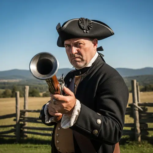 Historical Caucasian Man with Blunderbuss in Rustic Countryside