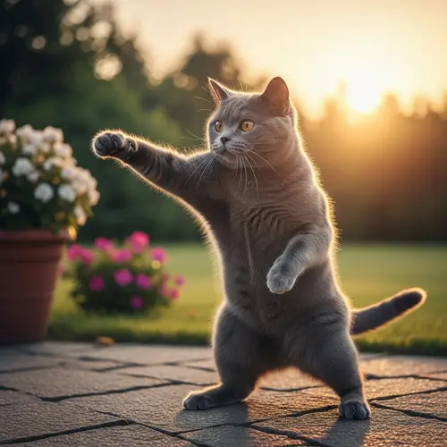 Domestic Short-Haired Gray Cat Demonstrating Kung Fu Stance