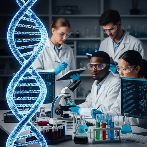 'Genetically Modified Organism' DNA Strand | Diverse Scientists Observing