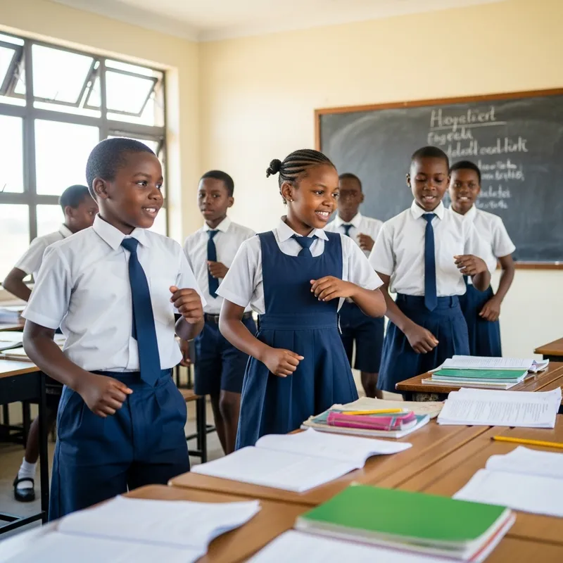 African School Kids Dancing in Classroom Uniforms