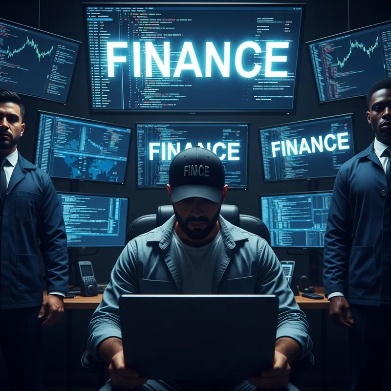Mysterious Software Engineer Surrounded by Finance Monitors and Security