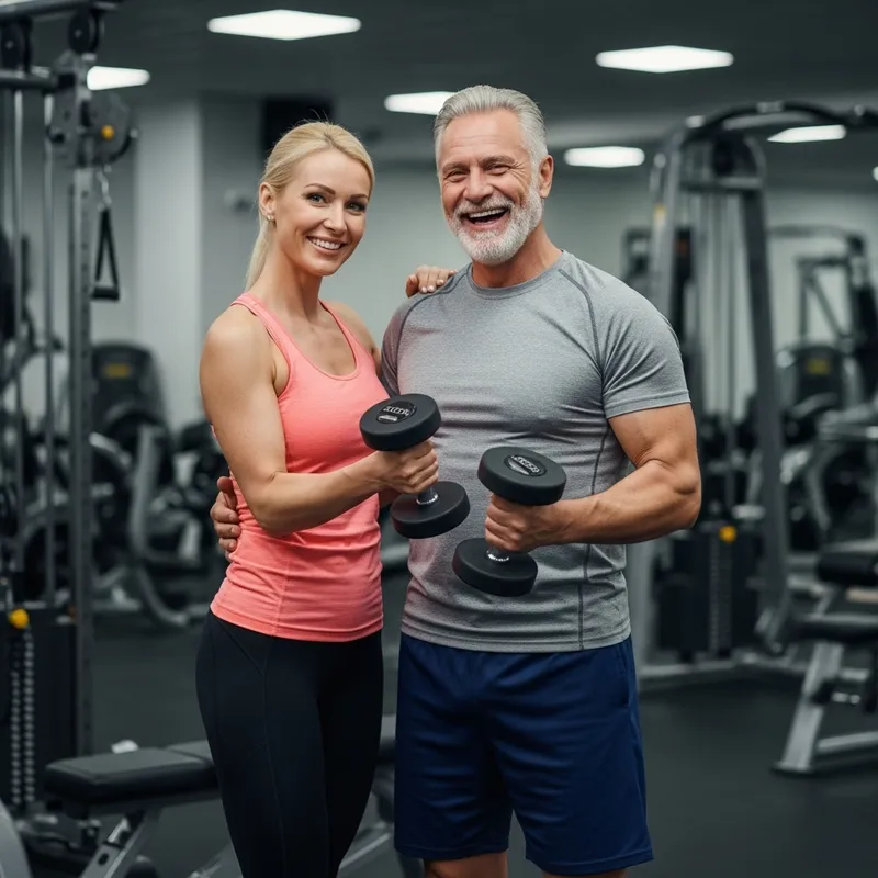 Attractive Blonde Fitness Trainer with Healthy 60-Year-Old Man in Gym