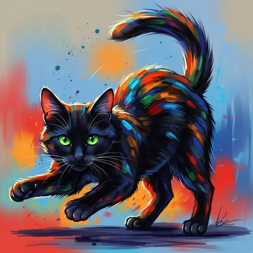 Majestic Black Cat Digital Painting | Vibrant Colors & Playfulness