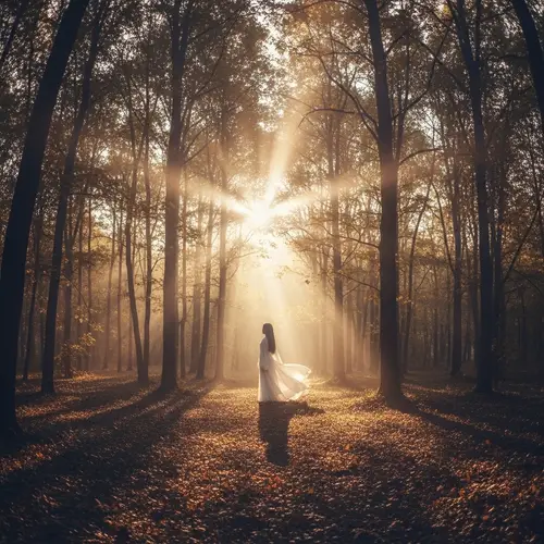 Ethereal Forest Dawn: Mystical Woman in Impressionist Style