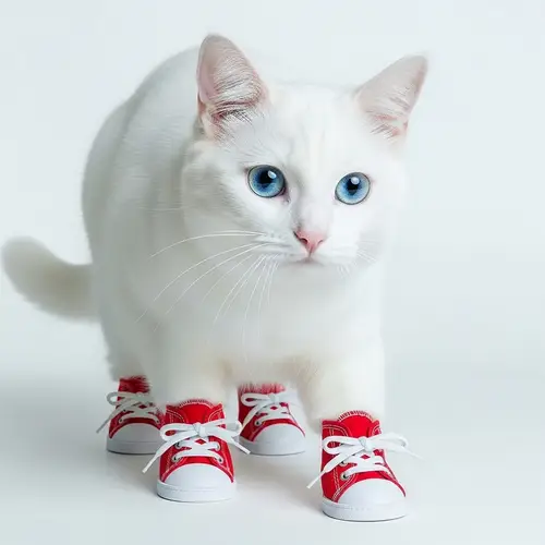 Adorable Fluffy Cat with Tiny Red Shoes - Cute Domestic Feline Image