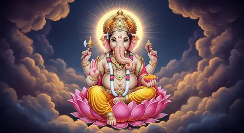 God Ganesha: Vibrant Deity Among Mystic Clouds | Divine Blessing Pose