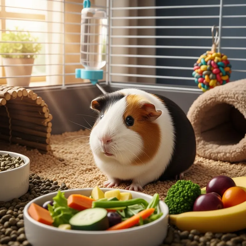 Playful Tricolor Guinea Pig - Fluffy Pet in Cozy Setting Playful Tricolor Guinea Pig - Fluffy Pet in Cozy Setting