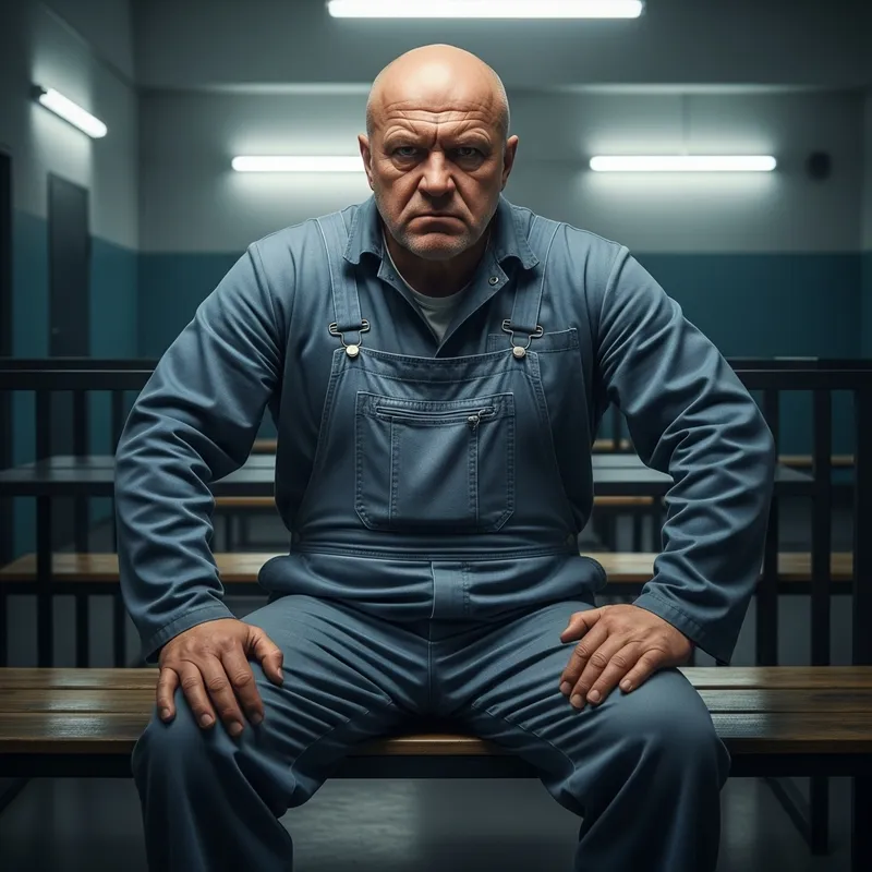 Bald Russian Prisoner in Faded Blue Overalls - Severe 4K Image