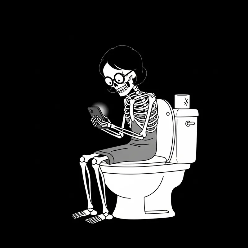 Comical Skeleton Sitting on Modern Toilet with Mobile Phone - Funny Cartoon Comical Skeleton Sitting on Modern Toilet with Mobile Phone - Funny Cartoon