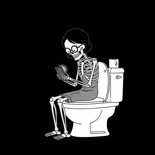 Humorous Skeleton Cartoon on Modern Toilet with Mobile Device