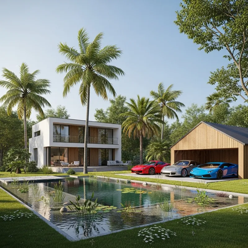 130 sqm House with 2 Floors, Natural Pool, Palm Trees, & Sport Cars