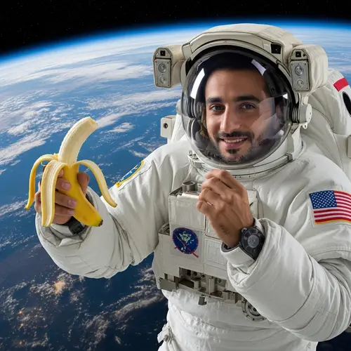 Middle-Eastern Astronaut Enjoying a Banana in Zero Gravity