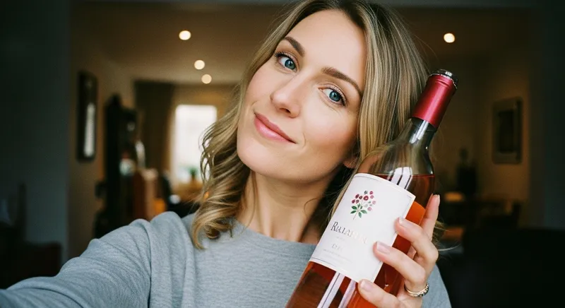 Beautiful Woman with Blue Eyes and Blonde Hair Holding Rose Wine