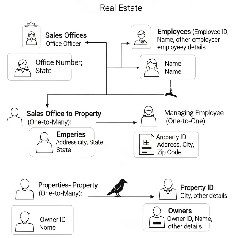 Real Estate Firm: Sales Offices, Employees, Properties, and Owners Relationship Diagram