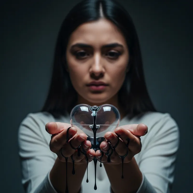Woman Holding Plastic Heart Leaking Black Liquid | Emotional Art