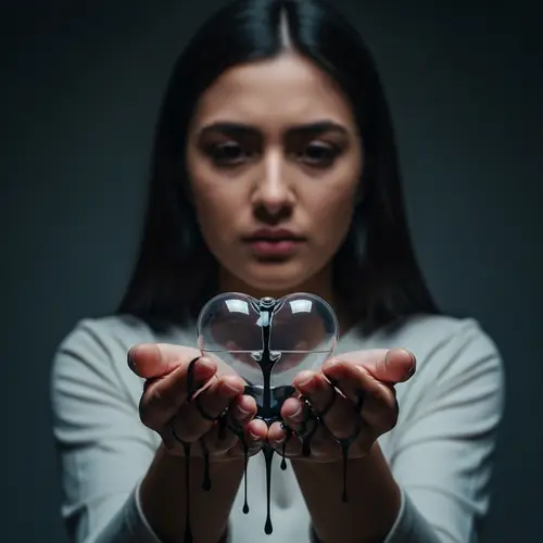 Hispanic Woman Holding Leaking Heart | Emotive Visual Art