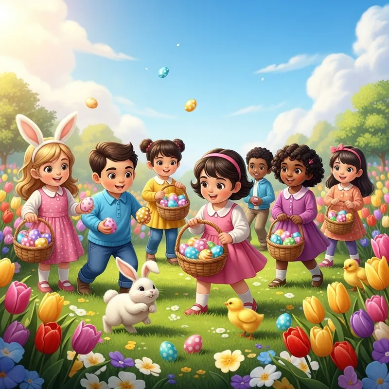 Easter 2024: Joyful Egg Hunt in Colorful Garden with Diverse Children and Bunny