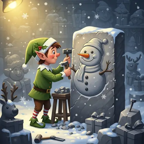 Christmas Elf Stone Sculptor Cartoon Illustration