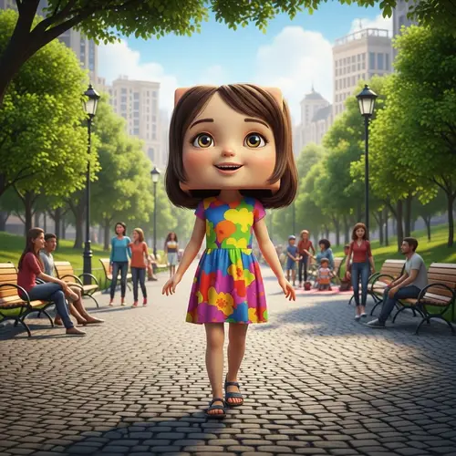 Young Girl with Cube-Shaped Head Enjoying City Park