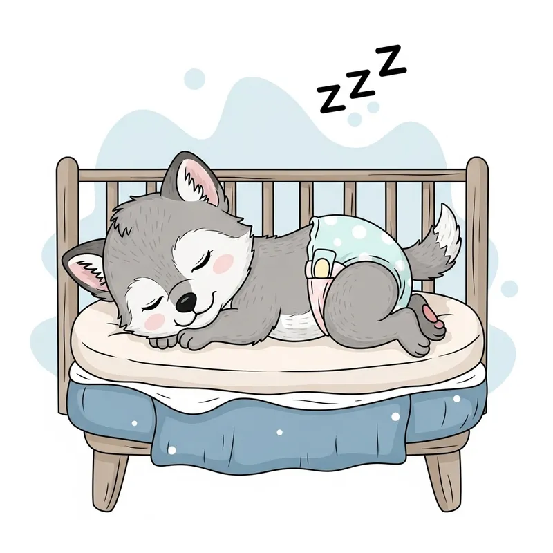 Minimalist Cartoon of Cute Baby Wolf Sleeping in Crib Minimalist Cartoon of Cute Baby Wolf Sleeping in Crib