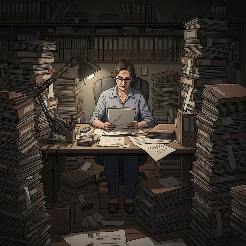Tedious Woman Overwhelmed with Papers at Desk