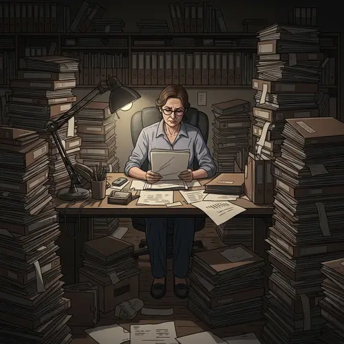 Tediousness Depicted: Overwhelmed Woman at Desk with Papers