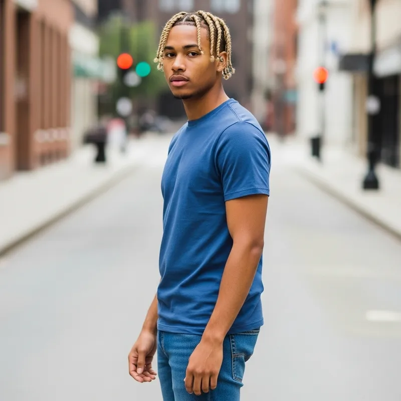 Handsome Light Brown African American Black Man with Braids in Blue T-shirt & Jeans