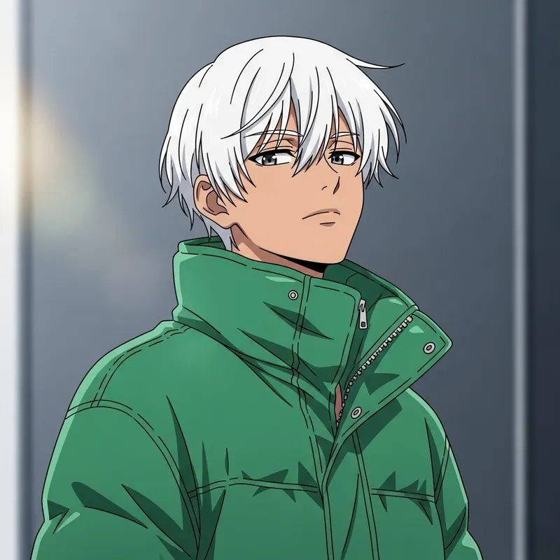 Anime Young Guy with White Hair in Simple Appearance and Green Jacket Anime Young Guy with White Hair in Simple Appearance and Green Jacket