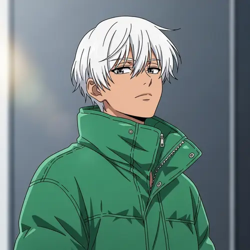 Anime Young Man with White Hair in Green Jacket | South Asian Descent