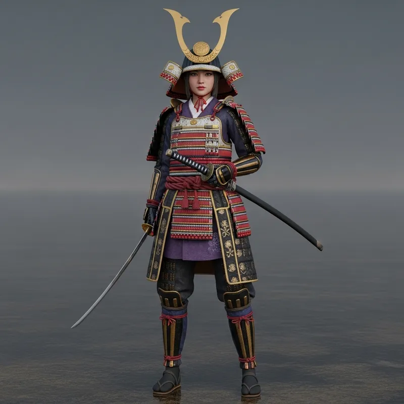 Samurai Girl in Realistic Armor and Short Kimono