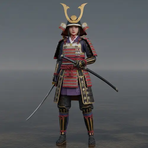 Realistic Samurai Girl in Traditional Armor and Kimono