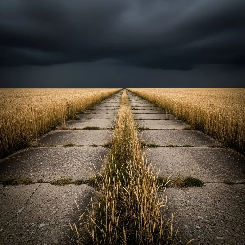 Black Sky Over Concrete Road with Wheat Fields