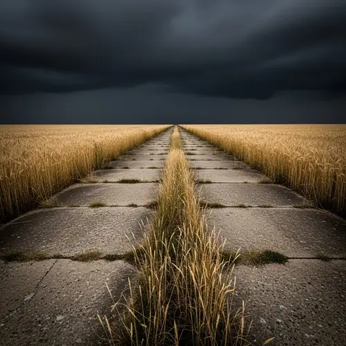Dark Clouds Over Concrete Road with Wheat Fields