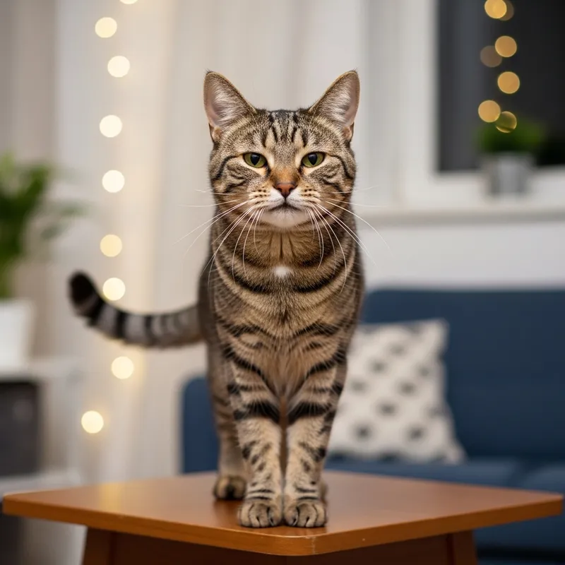 Sarcastic Domestic Cat Playing on Wooden Table Sarcastic Domestic Cat Playing on Wooden Table