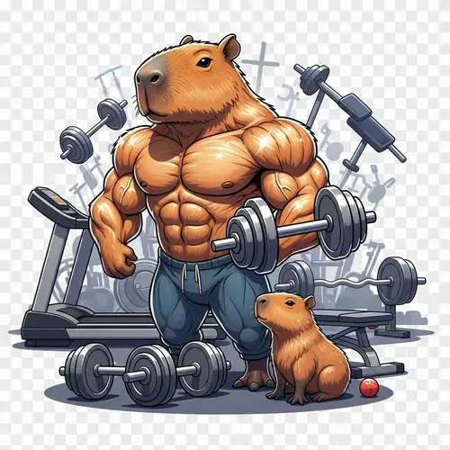 Muscular Capybara Cartoon in Gym with Dumbbells & Baby